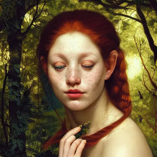 Prompt: portrait of happy a young woman, among the lights of golden fireflies and nature, long loose red hair, intricate details, birght green eyes, hint of freckles, round gentle face, intricate dress, deep focus, smooth, sharp, golden ratio, hyper realistic digital art by artemisia lomi gentileschi and caravaggio and artgerm