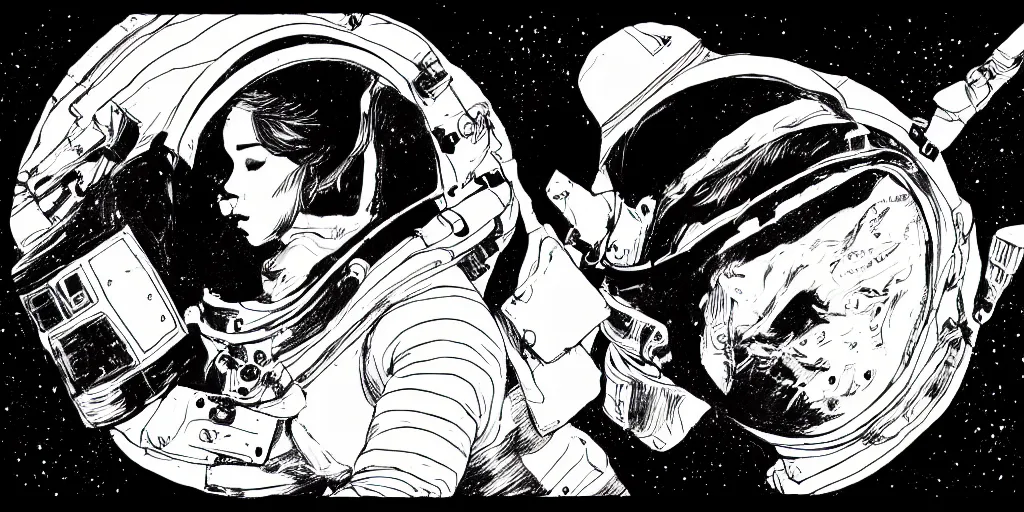 Image similar to ink lineart drawing of a lone female astronaut floating in space, wide angle, space background, artstation, etchings by goya, chinese brush pen, illustration, high contrast, deep black tones contour