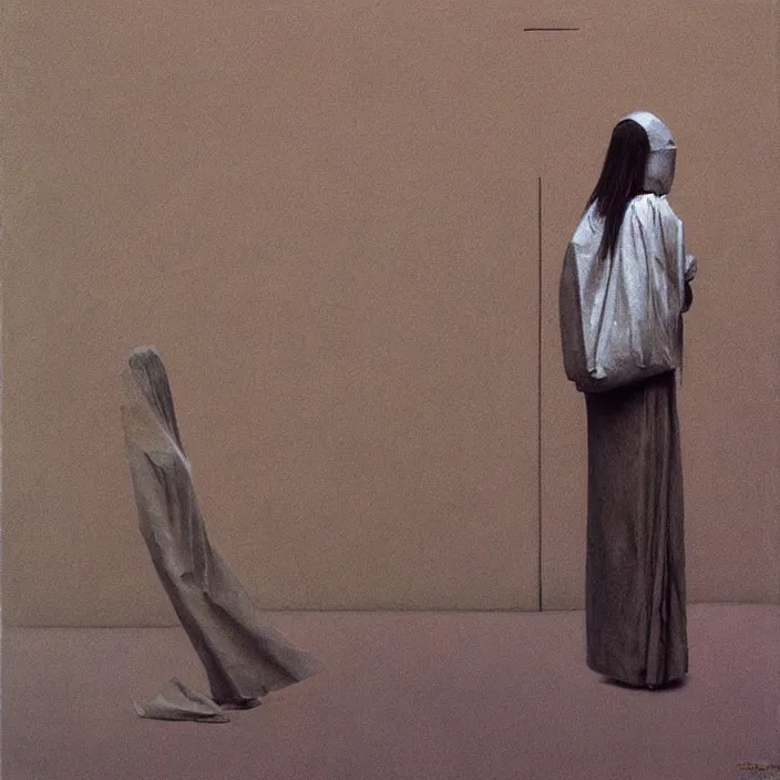 Prompt: woman with a paper bag over the head, dressed in plastic bags, highly detailed, artstation, art by zdislav beksinski, wayne barlowe, edward hopper