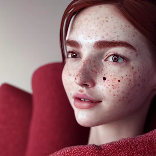 Image similar to portrait of a cute thin young woman, red blush, cute freckles wearing casual clothes, small smile, relaxing on a couch, cozy under a blanket, cozy living room, close up shot, 8 k, octane render, trending on artstation, art by artgerm and irakli nadar,, hyperrealism, hyperdetailed, ultra realistic