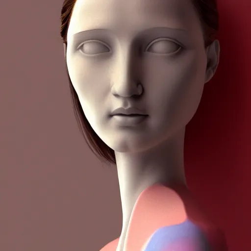 Prompt: a young beautiful woman made from marble, face in the style of constantin brancusi : 2, wes anderson background, casual modern clothing, artgem, portrait, boris valejo, kawaii hairstyle, pastel colors, colorful, octane render, digital painting,, hyperdetails, contemporary sculpture, unreal engine, museum piece, dynamic light,