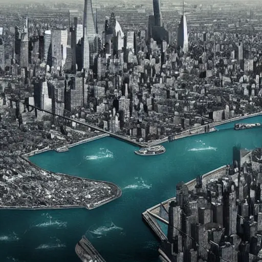 Image similar to A realistic photograph of New York City underwater as a result of climate change, 2052