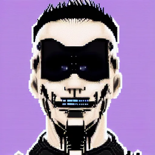 Image similar to neonpunk anarchist with mohawk and cyber implants on face, fuming, angry, grinning, pixel art