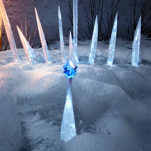 Image similar to ice spikes are summoned from the ground by magic, knights are impaled by ice spikes, octane render, unreal engine