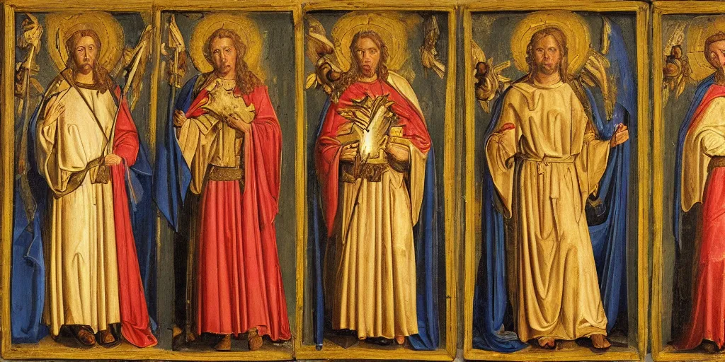 Prompt: ??? portrayed as our lord and saviour, medieval triptych