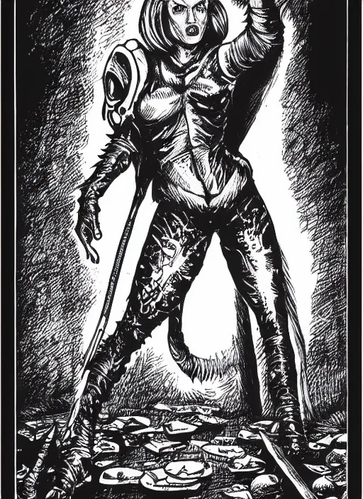 Image similar to dana scully as a D&D monster, full body, pen-and-ink illustration, etching, by Russ Nicholson, DAvid A Trampier, larry elmore, 1981, HQ scan, intricate details, Monster Manula, Fiend Folio