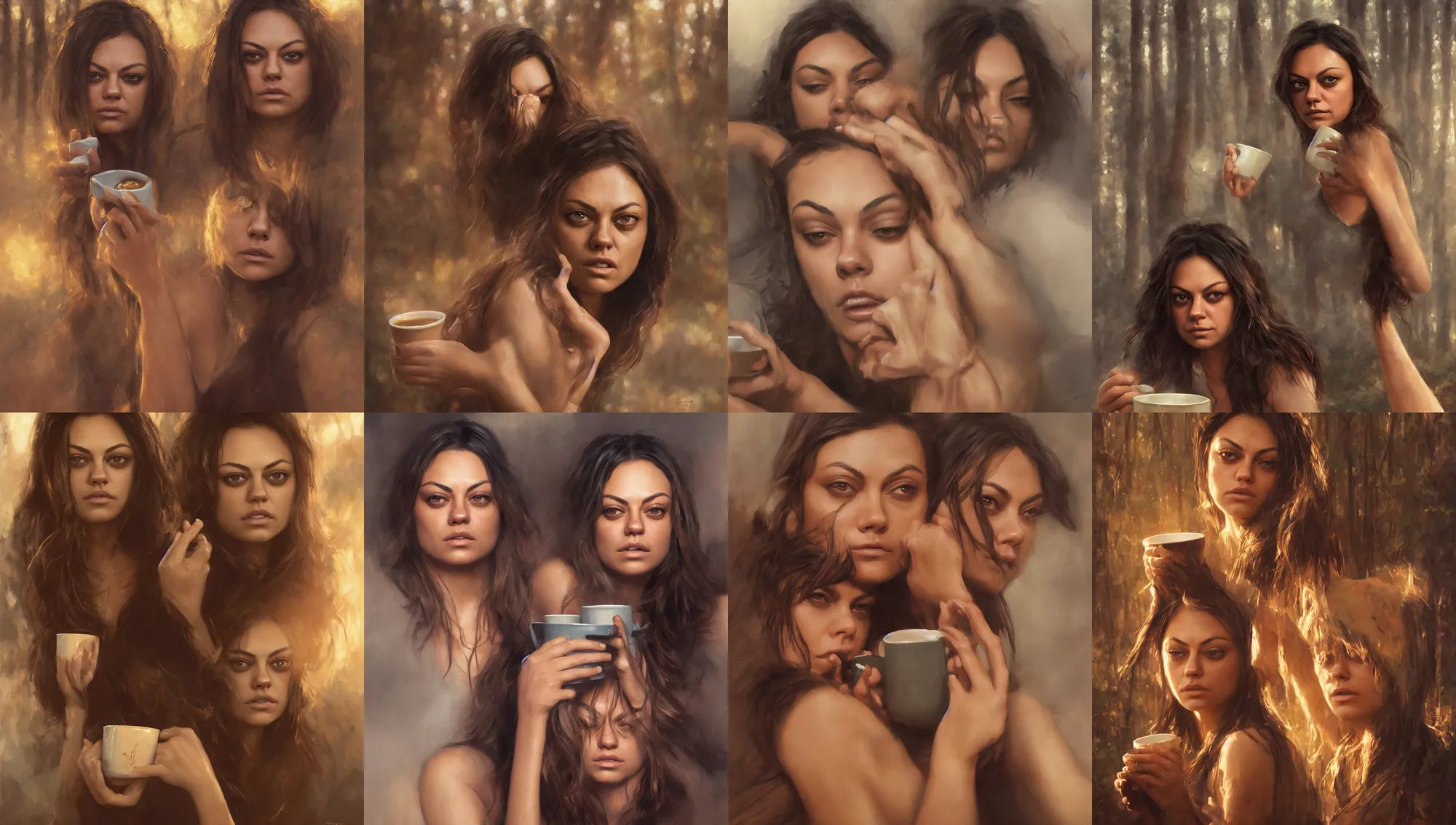 Prompt: close portrait of sleepy mila kunis waking up with coffee, dramatic light, morning golden hour, forest cabin background, 2 0 0 mm focal length, 1 9 7 0 s, painted by stanley lau, painted by greg rutkowski, painted by stanley artgerm, digital art, trending on artstation