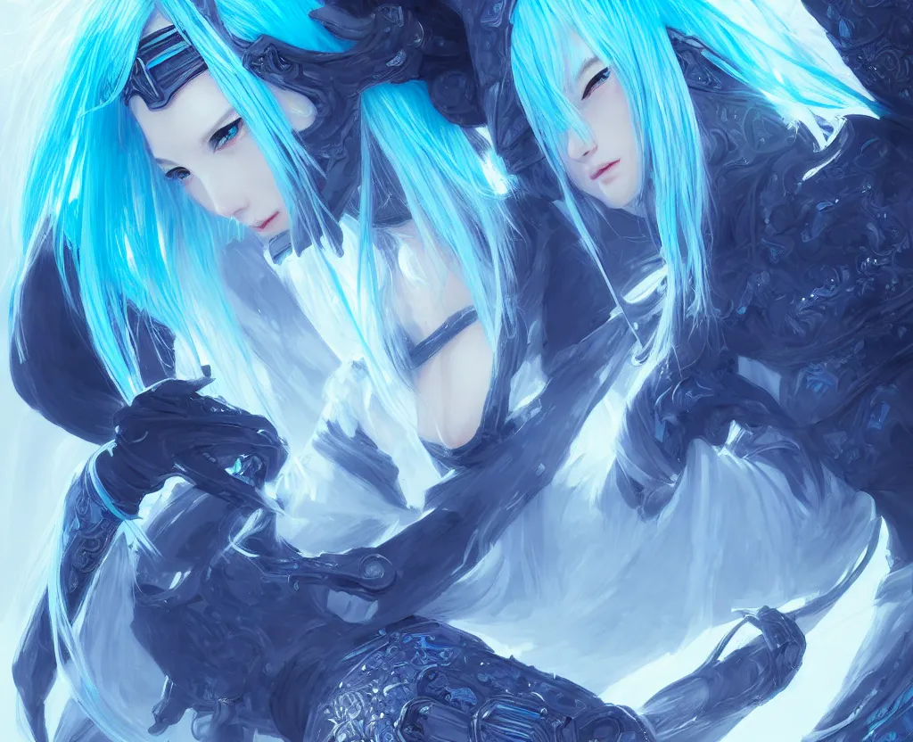 Image similar to portrait light cyan hair ninja gaiden girl, black plus little blue ninja wardrobe, at snowy fuji mountain sunrise, ssci - fi and fantasy, intricate and very very beautiful, detailed, digital painting, artstation, concept art, smooth and sharp focus, illustration, art by tian zi and wlop and alphonse mucha