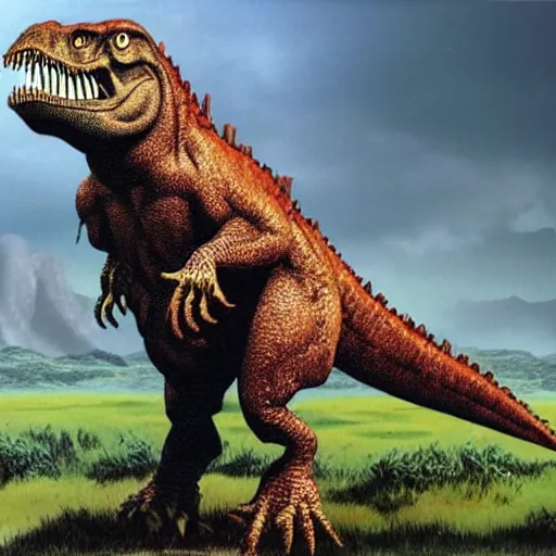 Image similar to tyrannosaurus rex standing in a prehistoric savannah, concept art by frank miller