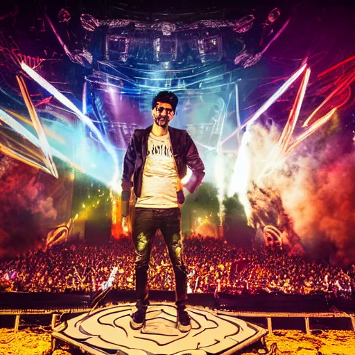 Prompt: KSHMR on the Tommrowland Main Stage, realistic, portrait, detailed