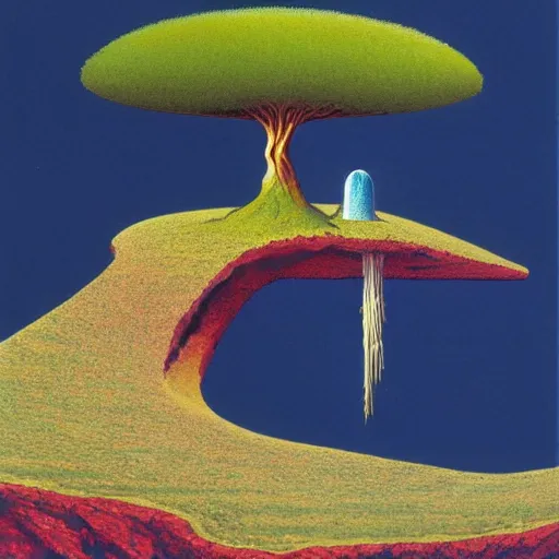 Image similar to a tree growing from a crystal rock floating in space, by roger dean