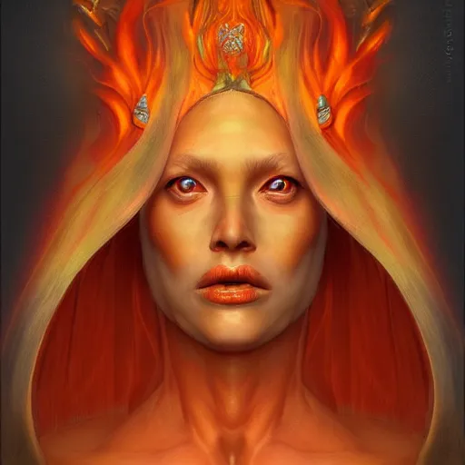 Image similar to A stunning portrait of a flame goddess by Jim Burns, fantasy, Trending on artstation.