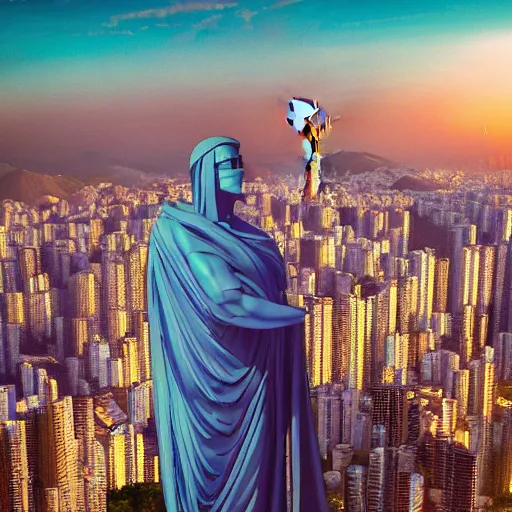 Image similar to a highly detailed picture of a cyberpunk christo redentor in a vaporwave style dabbing over rio de janeiro, aerial photography, ultrawide lens, art by john collier and albert aublet and krenz cushart and artem demura and alphonse mucha, volumetric lighting, octane render, 4 k resolution, trending on artstation, masterpiece