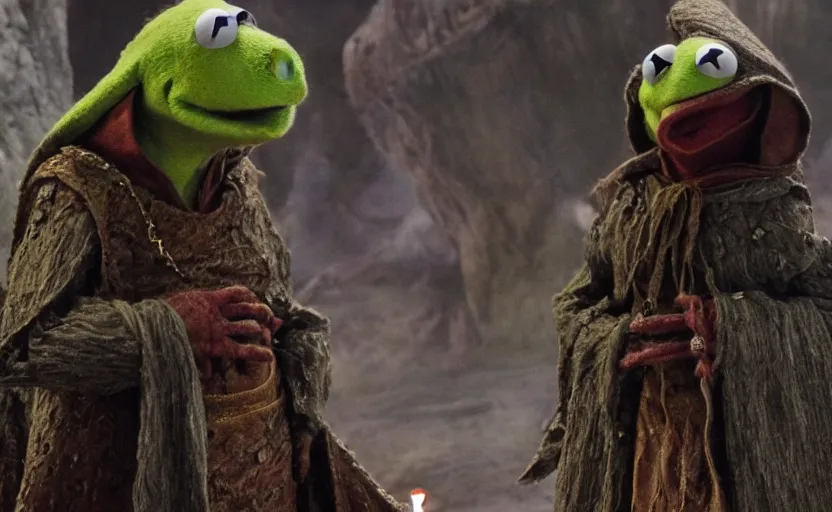 Image similar to kermit as a dark mage, a still from the dark crystal, high quality, very detailed, cinematic,