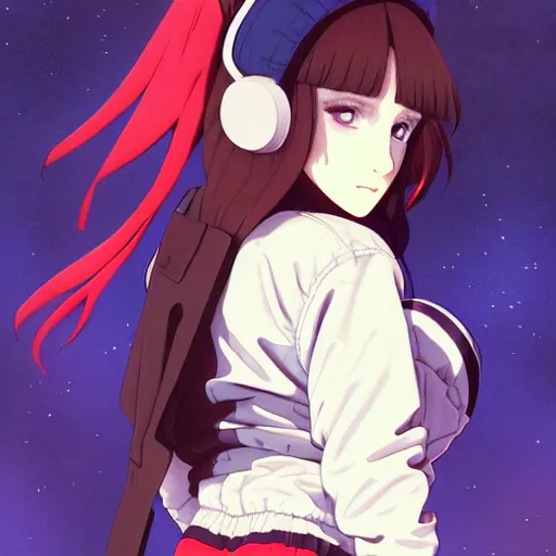 Image similar to a beautiful boyish kat dennings alluring gravure model, wearing oversized mayan bomber jacket and leotard with overalls, bulky poofy aztec native style bomber jacket with mayan patterns, gapmoe yandere grimdark, trending on pixiv fanbox, painted by greg rutkowski makoto shinkai takashi takeuchi studio ghibli, akihiko yoshida