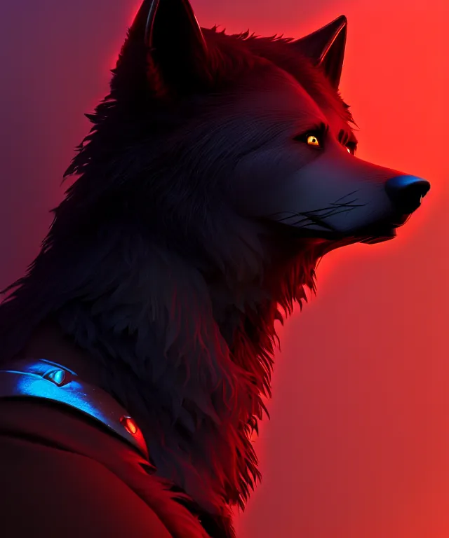 Image similar to award winning portrait of a anthropomorphic black male wolf with long red hair wearing futuristic armor | | concept art, 4 k, volumetric lighting, highly detailed, photorealistic, by cory loftis trending on artstation