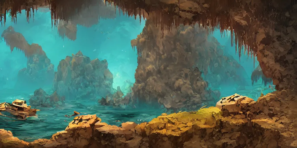 Image similar to vietnamese sunken cave scene, 2 d game art background, level design, muted colors, in style of lam manh