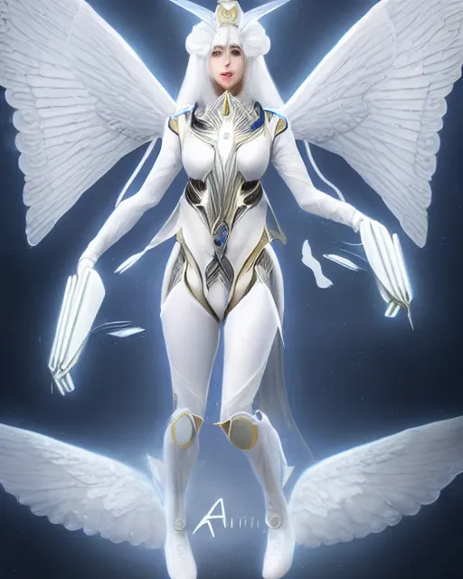 Image similar to perfect white haired attractive egyptian goddess with huge white dove wings, warframe armor, beautiful, symmetric, dreamy, half asian, pretty face, blue eyes, detailed, scifi platform, laboratory, experiment, 4 k, ultra realistic, epic lighting, android body, illuminated, cinematic, masterpiece, art by akihito tsukushi, voidstar