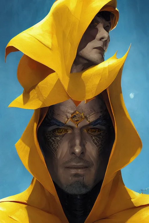 Image similar to portrait of the dome diceling magician wearing yellow hall cape by artgerm and Craig Mullins, James Jean, Andrey Ryabovichev, Mark Simonetti and Peter Morbacher 16k