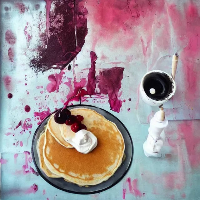 Image similar to “ sensual, neo - expressionism, surrealism, a portrait in a female art student ’ s apartment, pancakes, berries, art supplies, a candle dripping white wax, berry juice drips, acrylic and spray paint and oilstick on canvas ”