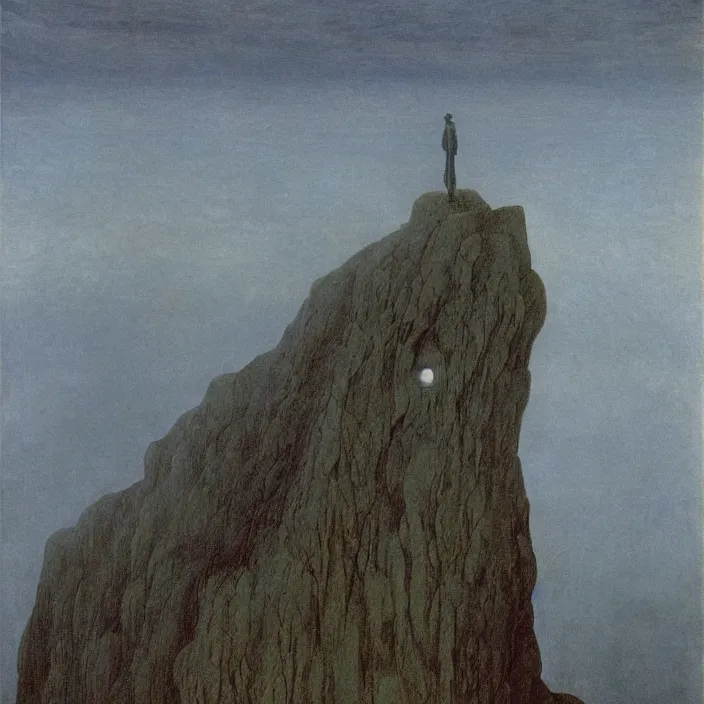 Prompt: shy mountain summit taking a peek through the clouds, fog, with curious eyes. floating spirit in transparent nightgown. painting by caspar david friedrich, yves tanguy, jean delville, rene magritte, max ernst, monet