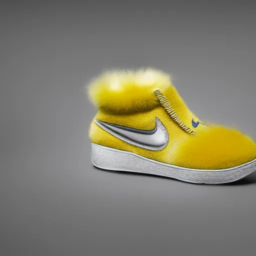 Image similar to nike shoe made of very fluffy yellow faux fur placed on reflective surface, professional advertising, overhead lighting, heavy detail, realistic by nate vanhook, mark miner