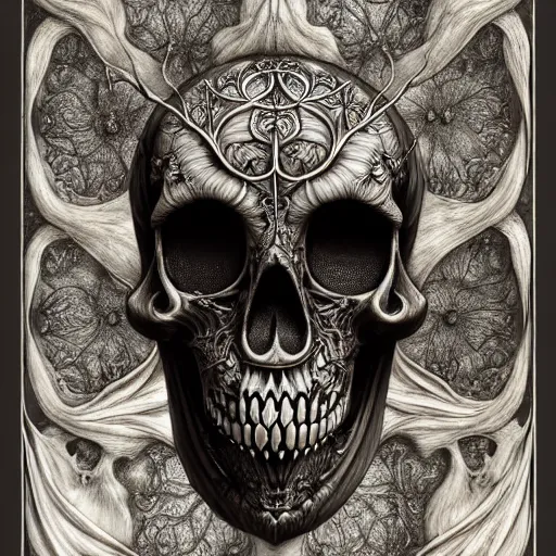 Image similar to memento mori by arthur rackham, art forms of nature by ernst haeckel, ultrasharp, photorealistic, hyperdetailed, octane render, polished, art nouveau, gothic, ornately carved antique bone beautiful skull mask dominant, intricate ornamental organic filigree, art nouveau botanicals, art forms of nature by ernst haeckel, horizontal symmetry, symbolist, visionary