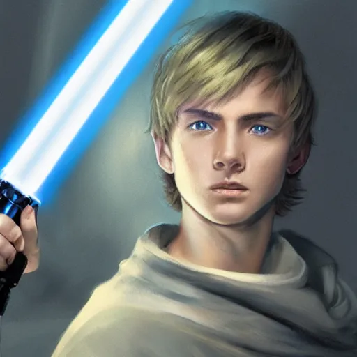 Image similar to full body Over-the-Shoulder Shot of a young blonde male jedi with short hair with his blue lightsaber is ignited illuminating him and the scene, concept art by Doug Chiang cinematic concept art, realistic painting, high definition, digital art, matte painting, symmetrical, very detailed, realistic, dramatic lighting, cinematic, establishing shot, extremely high detail, photo realistic, cinematic lighting, post processed, concept art, artstation, matte painting, red color scheme, the Mandalorian concept art style