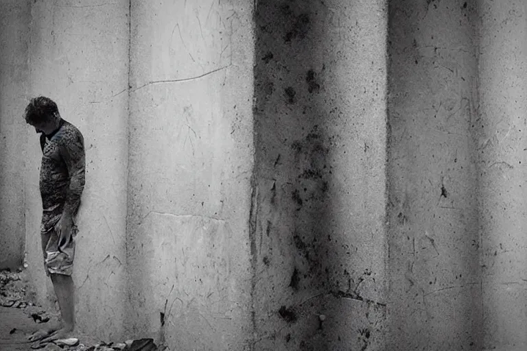 Image similar to “a disturbed man looking at his crumbling limbs, extreme detail, particles drifting across the frame”