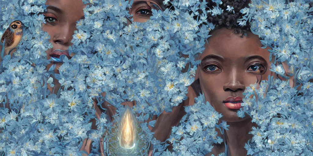 Prompt: breathtaking detailed concept art painting art deco pattern of afroamerican faces goddesses amalmation light - blue flowers with anxious piercing eyes and blend of flowers and birds, by hsiao - ron cheng and john james audubon, bizarre compositions, exquisite detail, extremely moody lighting, 8 k