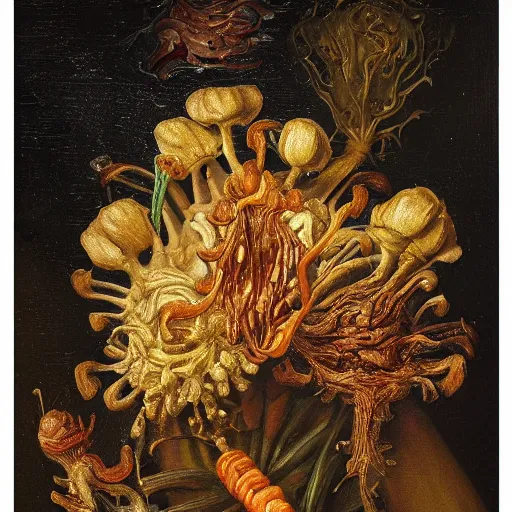 Prompt: disgusting disturbing strange dutch golden age oil painting bizarre mutant flower floral still life with many human toes realistic human toes blossoming everywhere insects very detailed fungus tumor disturbing tendrils bizarre slimy forms sprouting up everywhere by rachel ruysch christian rex van minnen black background chiaroscuro dramatic lighting perfect composition masterpiece high definition 8 k 1 0 8 0 p