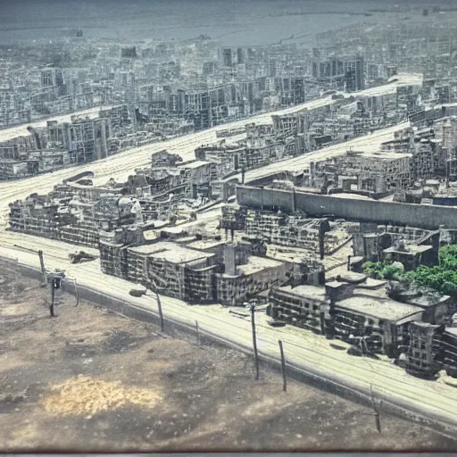 Prompt: brutalist city, prison city, totalitarian prison island, hashima island, wide roads, wide avenues, wide spaces, rundown buildings, military buildings, prison complex, colorized super 8 mm photo