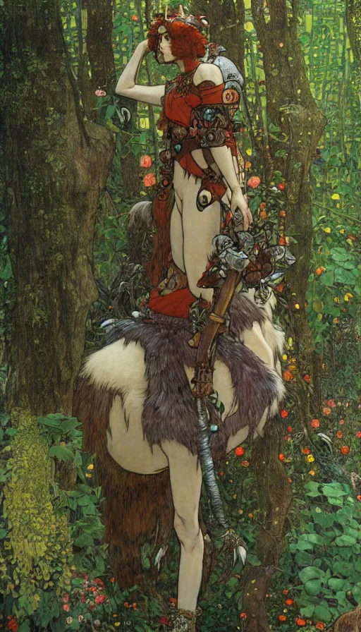 Image similar to Princess Mononoke, fully clothed in armor, lush fairy forest, neon, concept art, schematics, gnarly details painted by gustav klimt, norman rockwell, mucha, james gurney, high detail, denoised, sharp, architectural