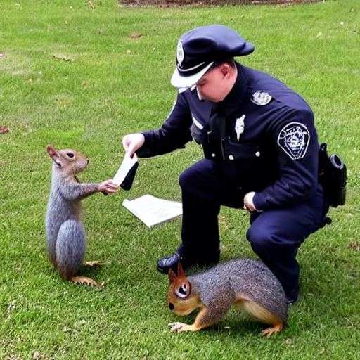 Prompt: a dog-cop ticketing a squirrel with a fine for speeding