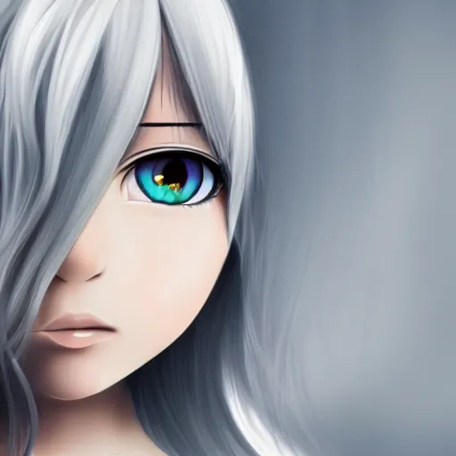 Prompt: young girl with long wavy light silver hair, with blackness instead of eyes, anime