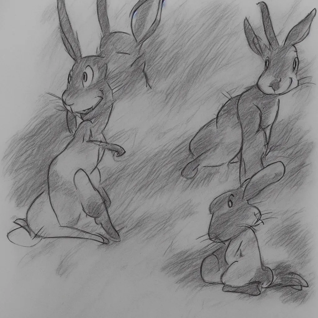 Image similar to milt kahl pencil sketch of a rabbit in the forest facing away disney style