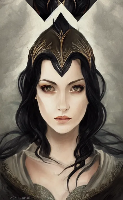 Image similar to luthien, princess of doriath, fairest maiden to have ever lived, stunningly beautiful, black hair, elven, beautiful eyes, portrait, artstation, wonderful lighning