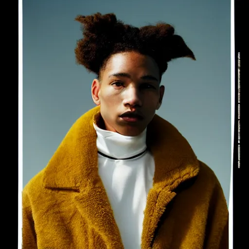 Image similar to realistic photoshooting for a new balenciaga lookbook, color film photography, portrait of a beautiful woman, model wearing a sherpa jacket, by photo in style of Tyler Mitchell, 35mm,
