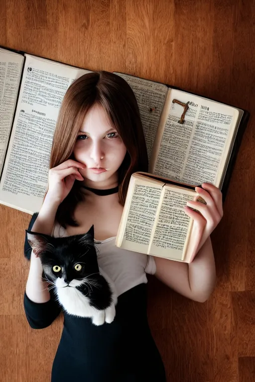 Prompt: photo of very cute and bright girl, her cat and her book of necronomicon, symmetrical, cinematic, real dlsr photography, sharp focus, 4 k, ultra hd, sense of awe, sinister demonic atmosphere, dreadful, horror journal cover