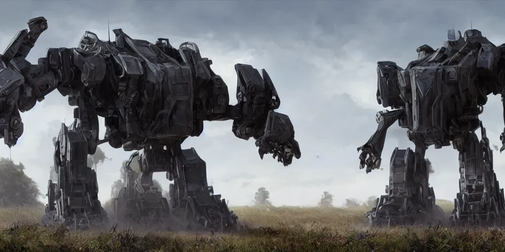 Image similar to large mech war machine walking through the countryside, cinematic lighting, dramatic camera angle, highly detailed concept art. realistic render