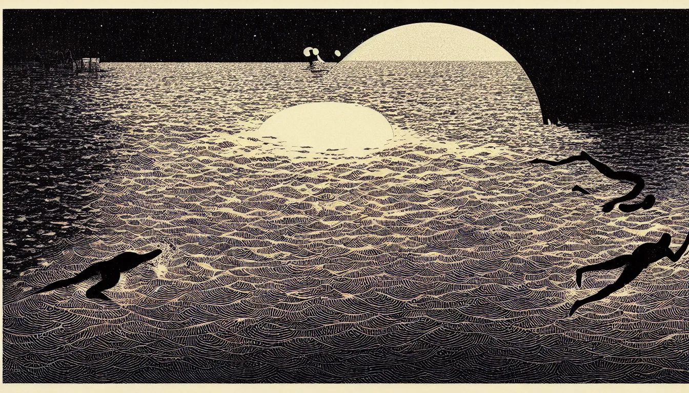 Image similar to swimming in the ocean at night by woodblock print, nicolas delort, moebius, victo ngai, josan gonzalez, kilian eng