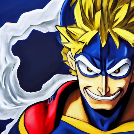 Image similar to an oil painting of a all might from my hero academia by artgerm, hero costume, middle ages, hd, hdr, ue 5, ue 6, unreal engine 5, third dimensional, cinematic 4 k wallpaper, 8 k, ultra detailed, gta 5 cover art, comic book black lines, high resolution, artstation, award winning