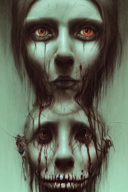 Image similar to crayon cartoon grunge portrait of a creepy horror nurse girl . intricate artwork. nightmare fuel. terrifying. by zdzisław Beksiński, wlop, dan mumford , trending on artstation, greg rutkowski very coherent symmetrical artwork. cinematic, hyper realism, high detail, octane render, 8k