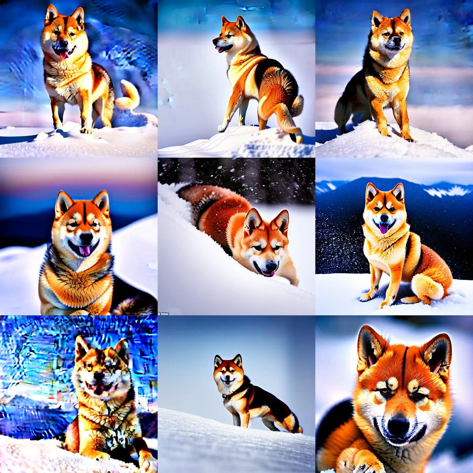 Prompt: award winning wildlife closeup photography of a shiba inu on a mountain, surrounded by snow, wildlife photography by Paul Nicklen