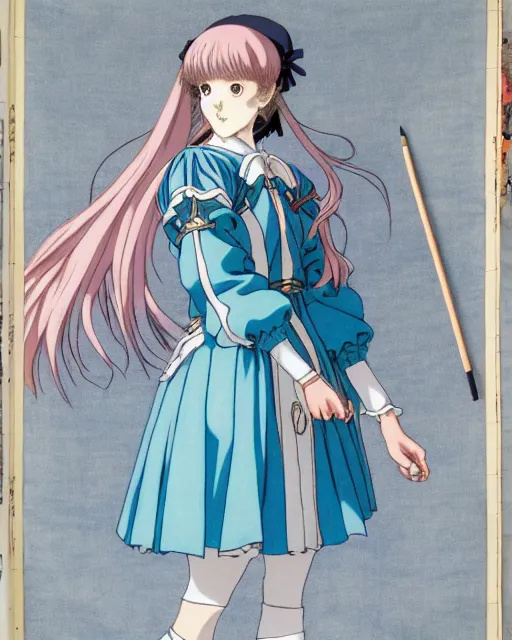 Image similar to late renaissance magical academy girl school uniform, pale cyan and grey fabric, painting by studio ghibli, ayami kojima, kentaro miura, takehiko inoue