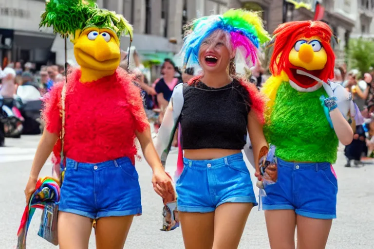 Image similar to bert and ernie in the gay parade wearing short shorts and croptops