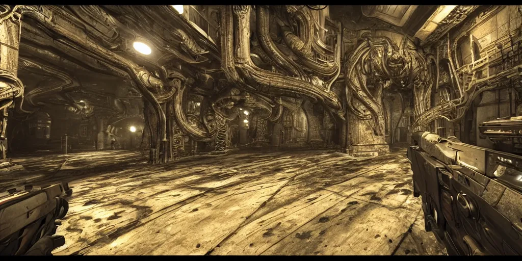 Prompt: Gameplay footage of a first person game designed by H.R Giger and Kojjima, amazing graphics, raytracing, detailed