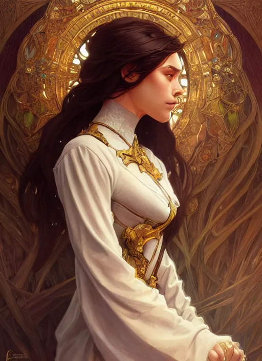 Image similar to portrait of castillo nazareno, fantasy, intricate, elegant, highly detailed, digital painting, artstation, concept art, smooth, sharp focus, illustration, art by artgerm and greg rutkowski and alphonse mucha