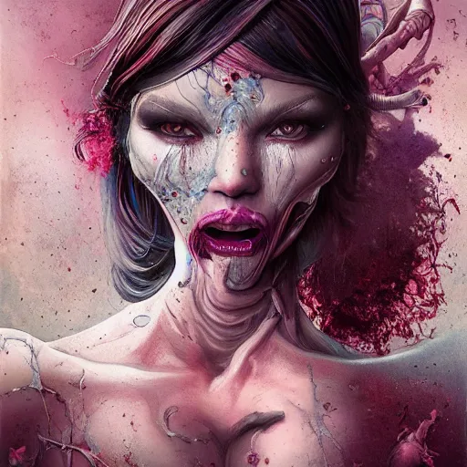 Prompt: a dream portrait of a gorgeous succubus stealing a soul, beautiful, terrifying, melting, webbing, 8 k, by tristan eaton, stanley artgerm, tom bagshaw, greg rutkowski, carne griffiths, ayami kojima, beksinski, giger, trending on deviantart, face enhance, hyper detailed, minimalist, horror, alien