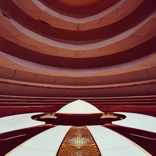 Image similar to interior of a futuristic lotus temple with gold, red and white marble panels, in the desert, by buckminster fuller and syd mead, intricate contemporary architecture, photo journalism, photography, cinematic, national geographic photoshoot